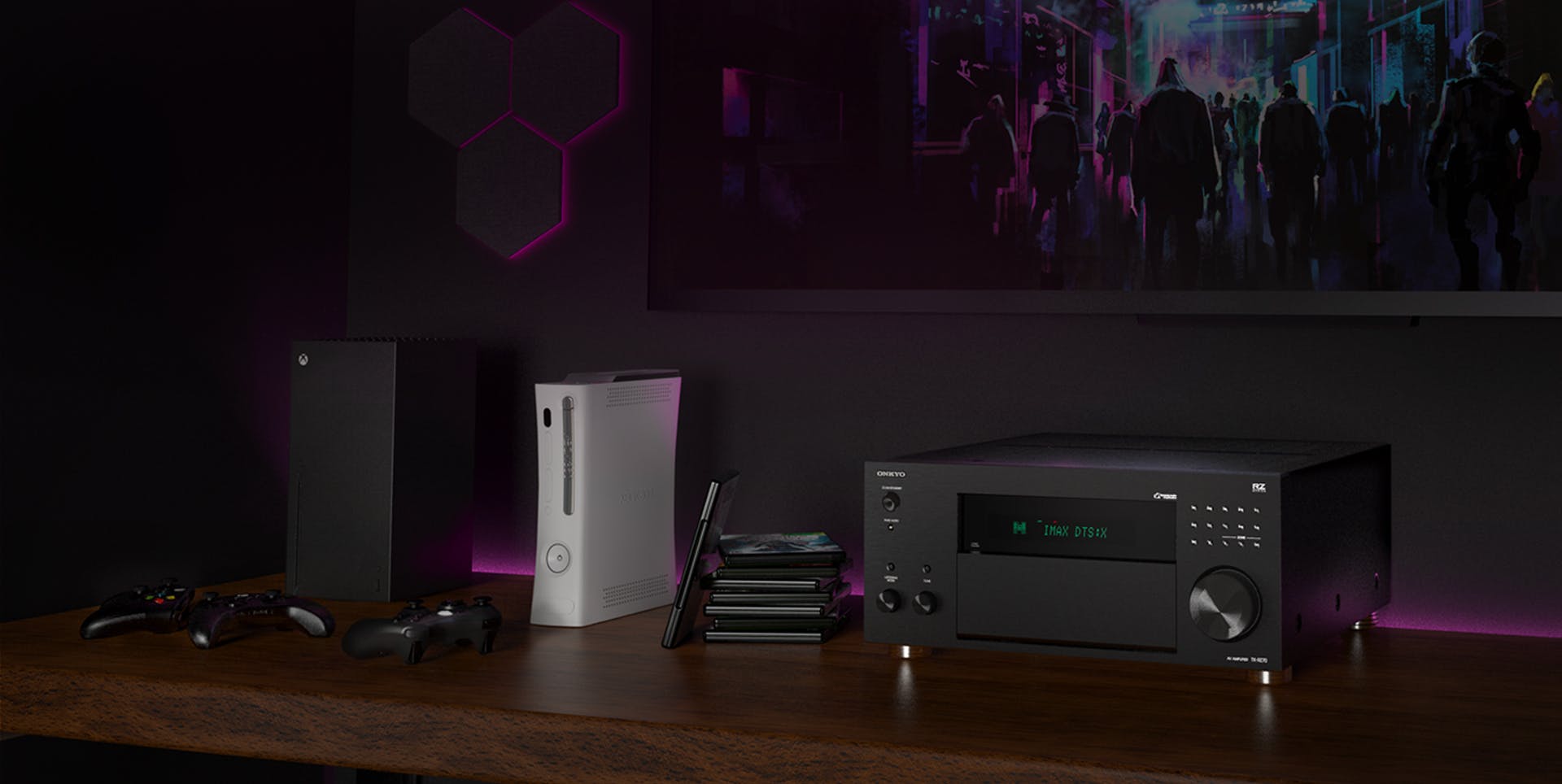 TX RZ70 Gaming Console Below TV with Futuristic City Game 1920x964