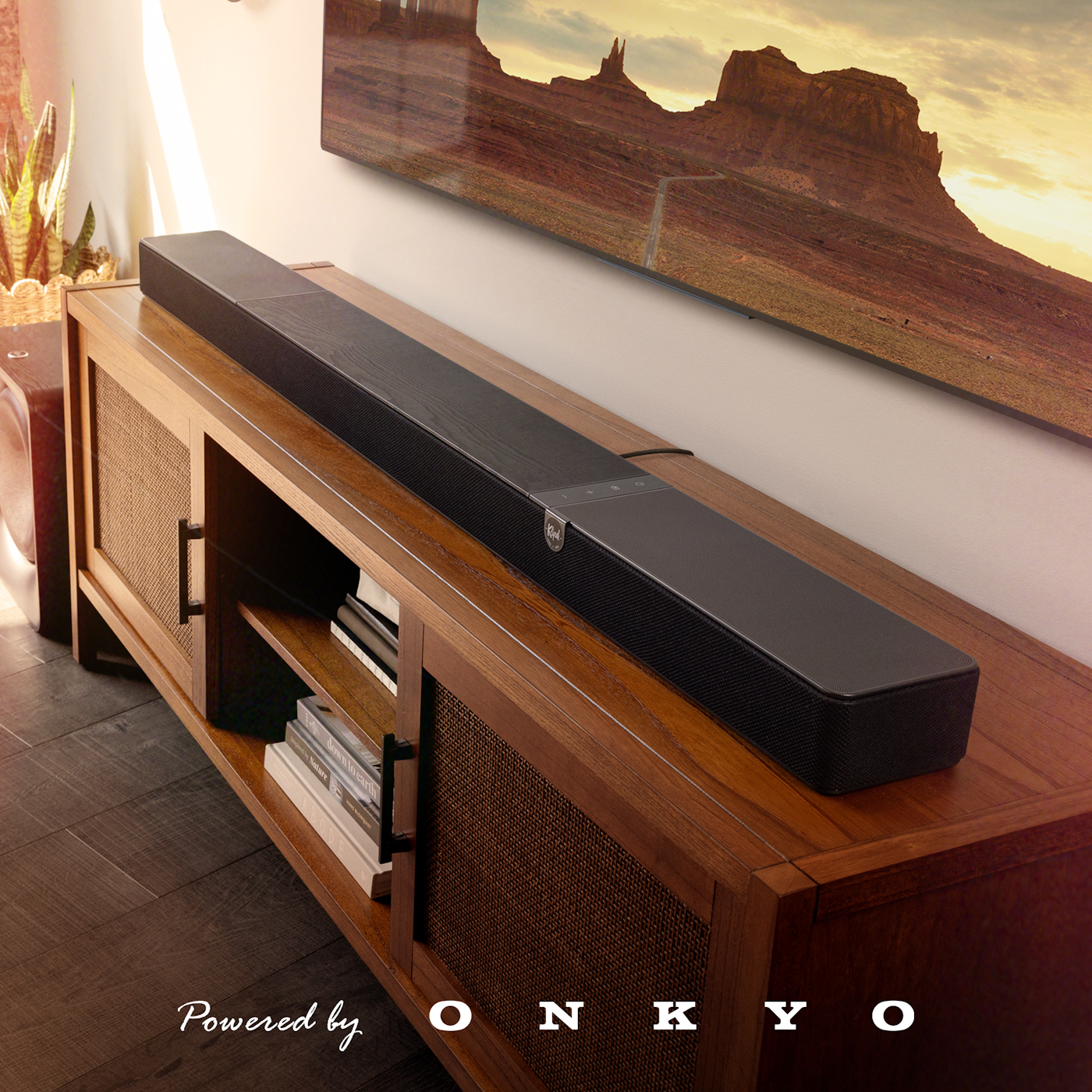 Flexus CORE 300 BK on media console with beautiful southwestern American landscape on tv 2000x2000 2