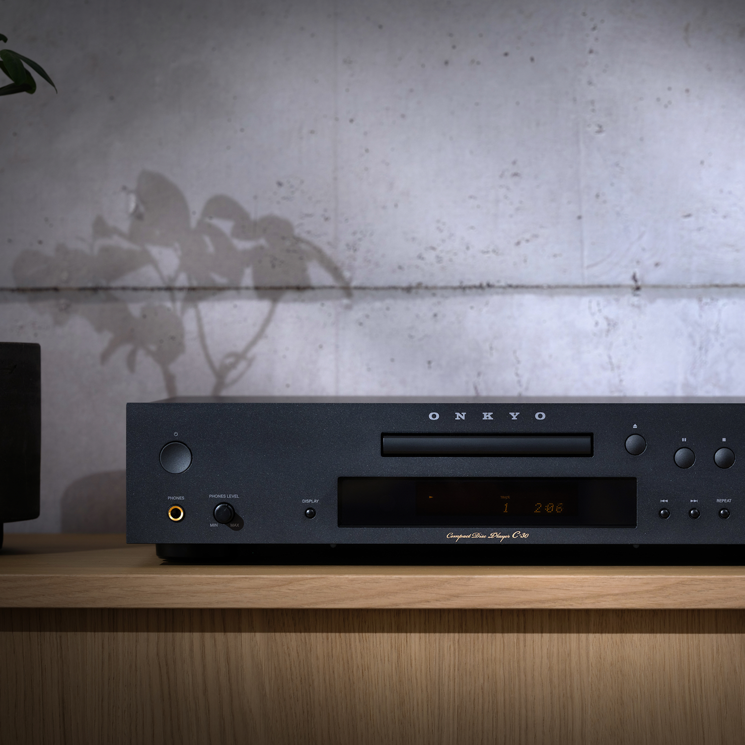 Onkyo Icon C 30 beside bonsai tree on media console 2000x2000