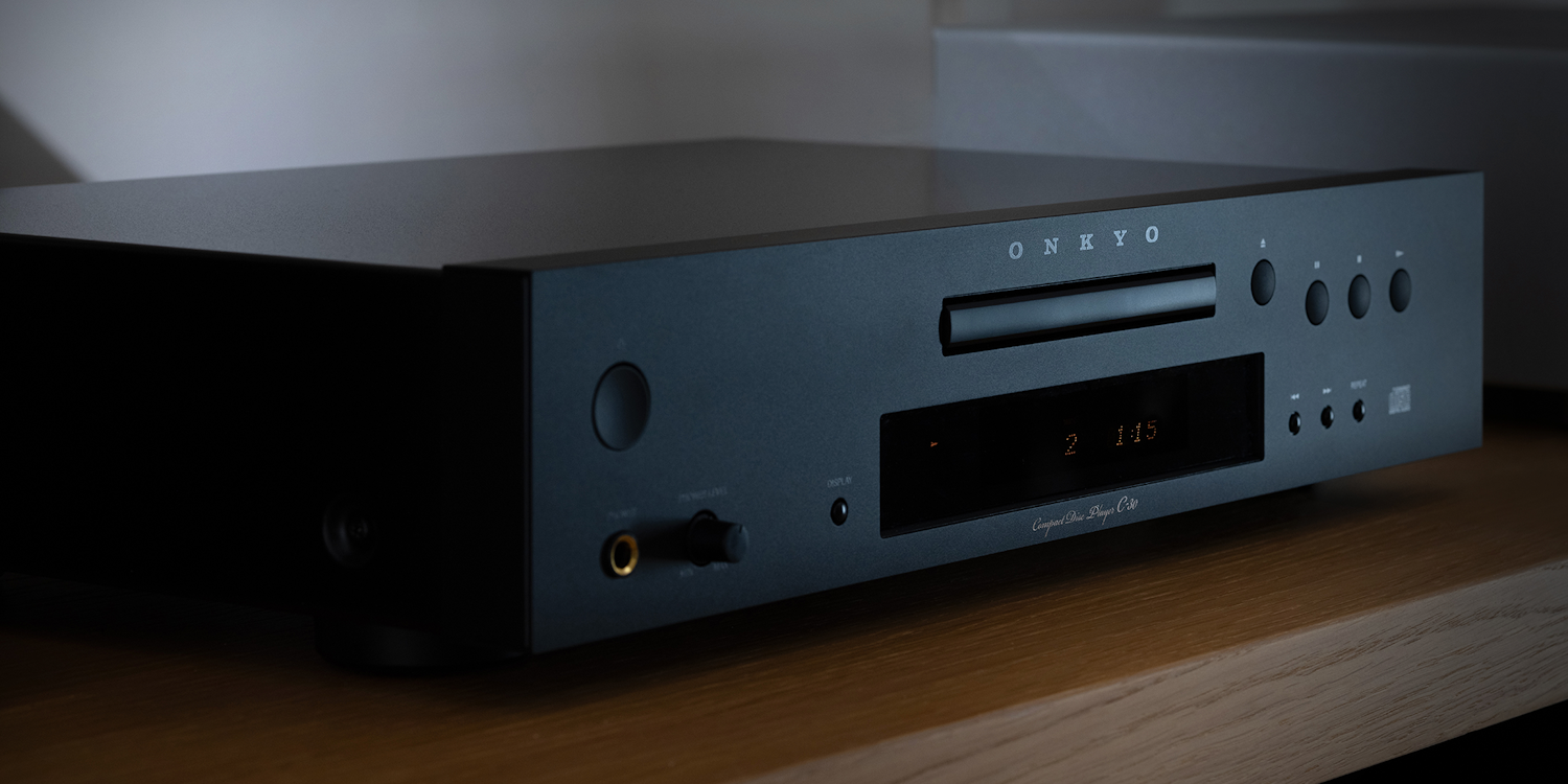 Onkyo Icon C 30 CD layer closeup from left angle on wood shelf 2000x1000