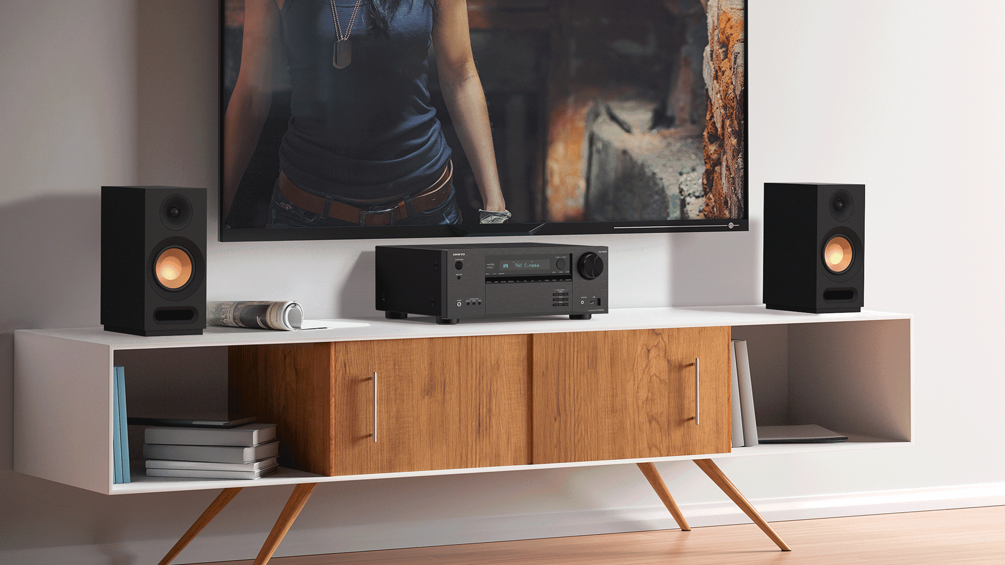 Onkyo TX NR6100 Klipsch KD Series Watching Movie 2000x1333
