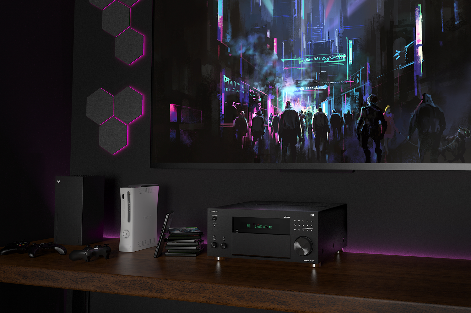 TX RZ70 Gaming Console Below TV with Futuristic City Game 2000x1333